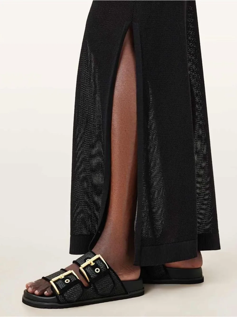 AllSaints Black Woven Double-Strap Slides with Metallic Buckles SB9